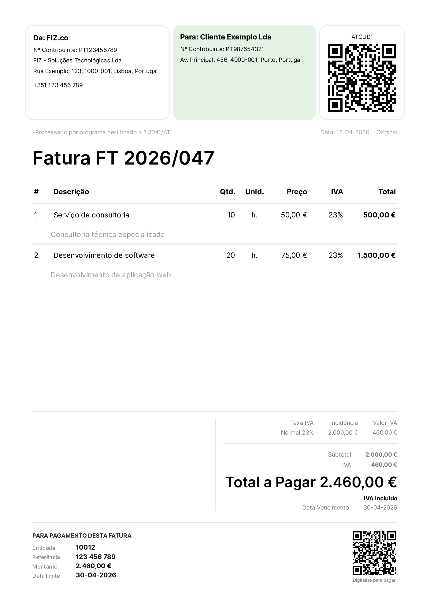 Fatura do FIZ com a referência Multibanco no rodapé: Entidade, Referência, Montante e Data limite, mais um QR code para pagar