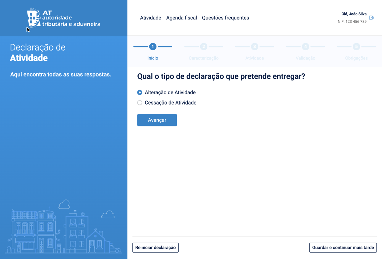 Ecrã inicial da Declaração de Atividade no Portal das Finanças, com a opção Alteração de Atividade selecionada