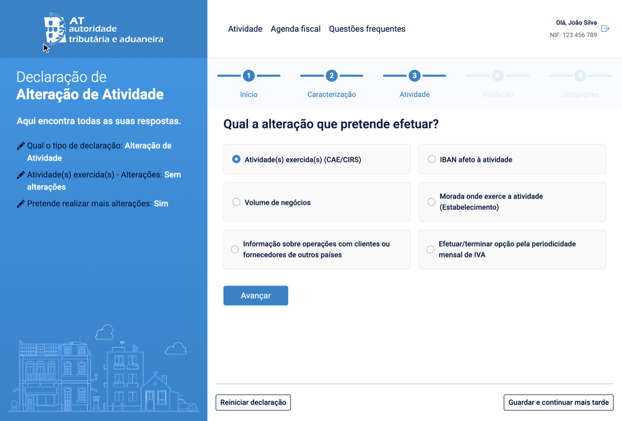 Ecrã de seleção do tipo de alteração no Portal das Finanças, com a opção Atividade(s) exercida(s) (CAE/CIRS)