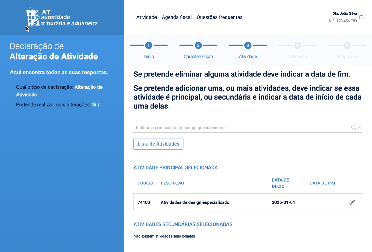 Ecrã de pesquisa do código de atividade no Portal das Finanças, com o campo "Indique a profissão ou o código que irá exercer"